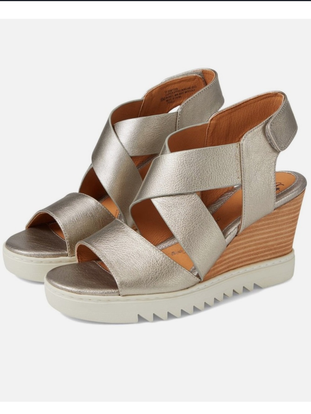 Sofft Uxley Grey Gold Metallic Leather Wedge Sandals Sz 9